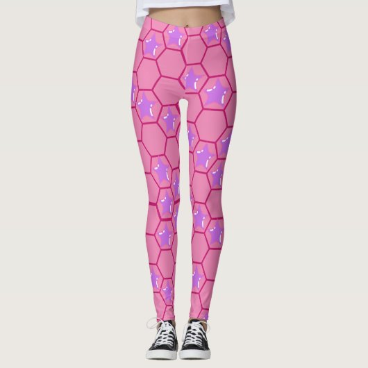 Roze sterren in een fuchsia honingraat leggings (Voorkant)