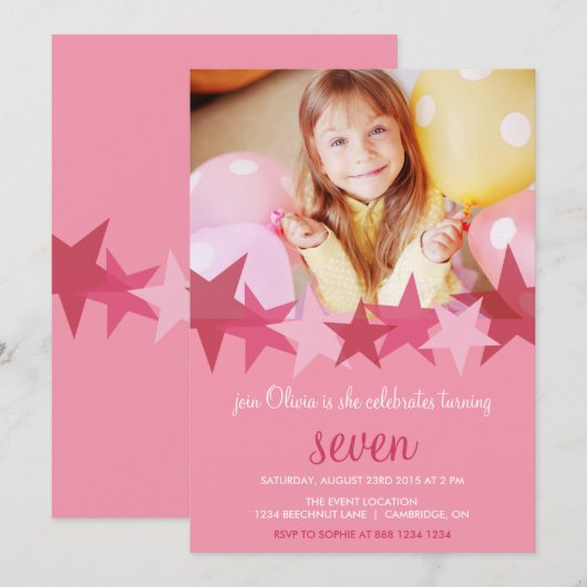 Roze sterren Kinder Foto Birthday Party Invitation Kaart (Voorkant / Achterkant)
