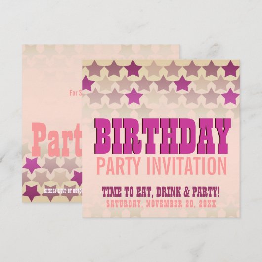 Roze sterren Land Gal Birthday Party Uitnodiging (Voorkant / Achterkant)