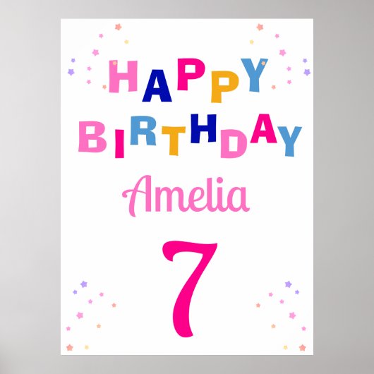 Roze Sterren Meisje Gelukkige Verjaardag Poster (Voorkant)