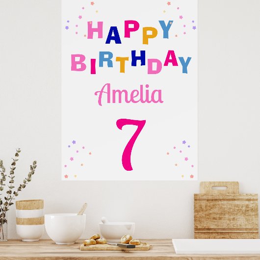Roze Sterren Meisje Gelukkige Verjaardag Poster (Keuken)