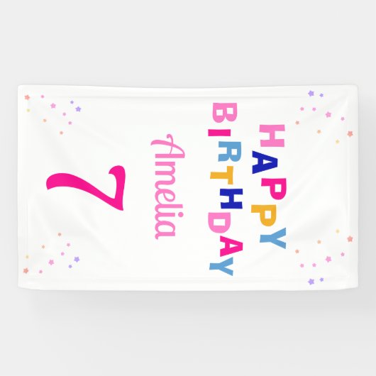 Roze Sterren Meisje Gelukkige Verjaardag Spandoek (Horizontaal)