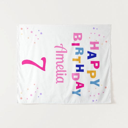 Roze Sterren Meisje Gelukkige Verjaardag Wandkleed (Voorkant (horizontaal))