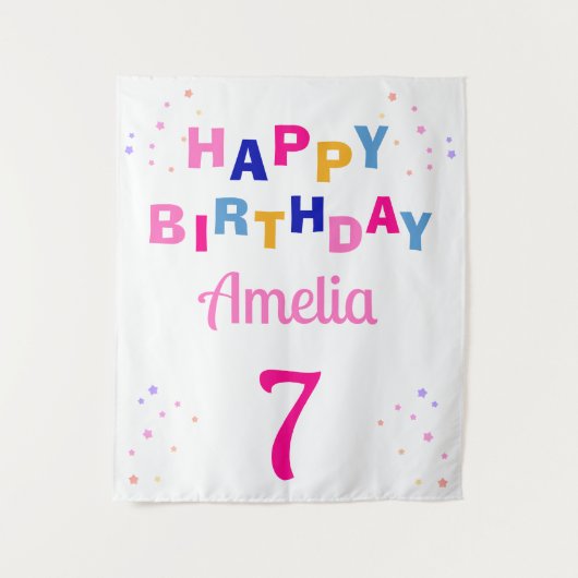 Roze Sterren Meisje Gelukkige Verjaardag Wandkleed (Voorkant)