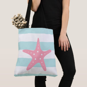 Roze sterren op mintstripes tote bag