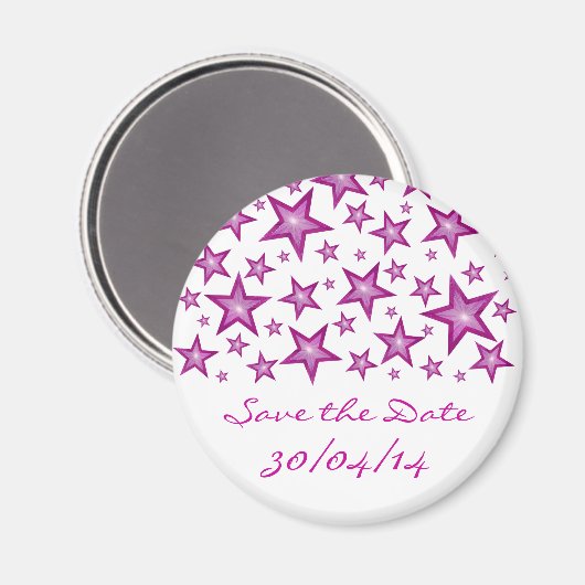 Roze sterren "Save the Date" fridge magnet wit (Voorkant / Achterkant)