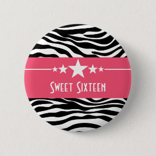 Roze sterren Zebra Print Sweet 16 Button