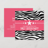 Roze sterren Zebra Print Sweet 16 Invite Kaart (Voorkant / Achterkant)