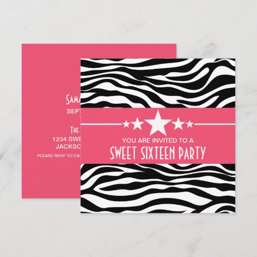 Roze sterren Zebra Print Sweet 16 Invite Kaart (Voorkant / Achterkant)