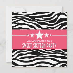 Roze sterren Zebra Print Sweet 16 Invite Kaart