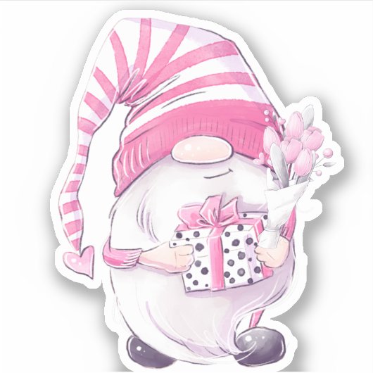 Roze Sticker Gnome | Gnome Valentijn Die Cut-Cut-t (Voorkant)