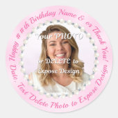 Roze sticker met verjaardagswensen, naam en foto (Voorkant)