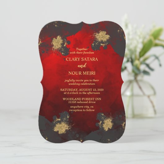 Roze, stijlvolle bruiloft met rood, grijs en goud kaart (Staand voorkant)