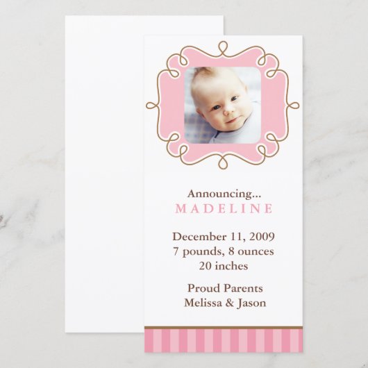 Roze stijlvolle kader foto geboorteaankondigingen aankondiging (Voorkant / Achterkant)