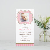 Roze stijlvolle kader foto geboorteaankondigingen aankondiging (Staand voorkant)