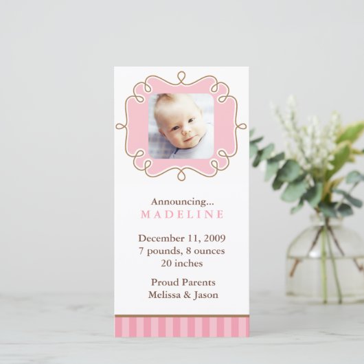 Roze stijlvolle kader foto geboorteaankondigingen aankondiging (Staand voorkant)