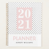 Roze, stijlvolle zwarte witte poladot planner (Voorkant)