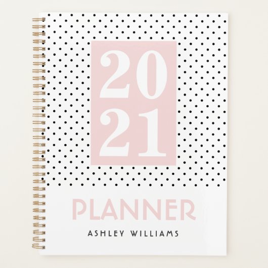 Roze, stijlvolle zwarte witte poladot planner (Voorkant)