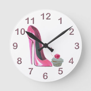 Roze Stiletto en Cherry Cupcake Art Wall Clock Ronde Klok