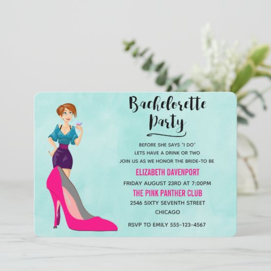 Roze Stiletto en Party Girl Bachelorette nodigen u Kaart (Staand voorkant)