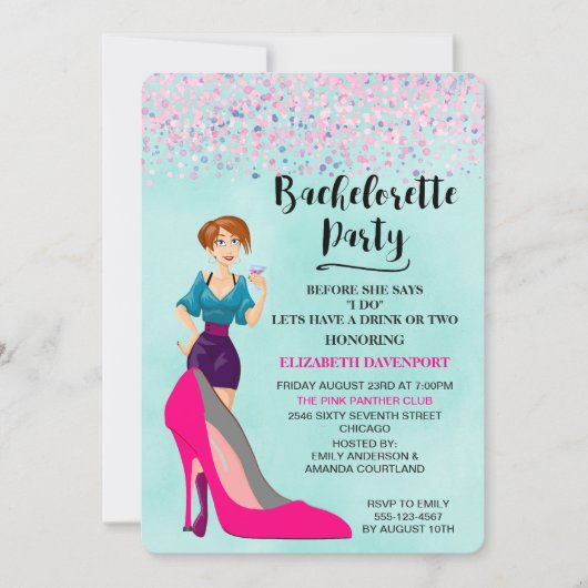 Roze Stiletto en Party Girl Bachelorette nodigen u Kaart (Voorkant)