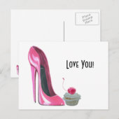 Roze Stiletto Schoen en Cherry Cupcake Briefkaart (Voorkant / Achterkant)