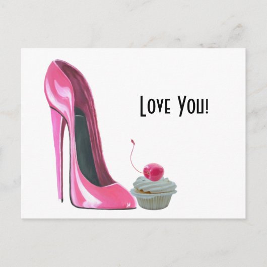 Roze Stiletto Schoen en Cherry Cupcake Briefkaart (Voorkant)