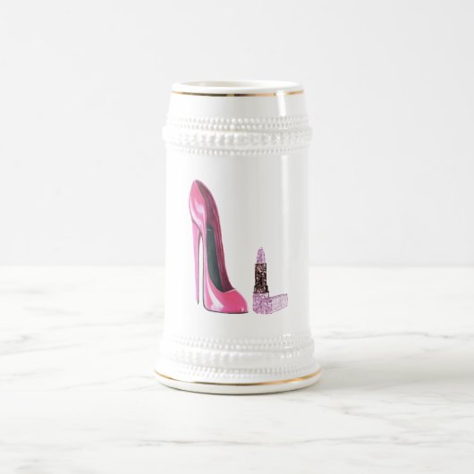 Roze Stiletto Schoen en Lipstick Kunst Bierpul (Center)