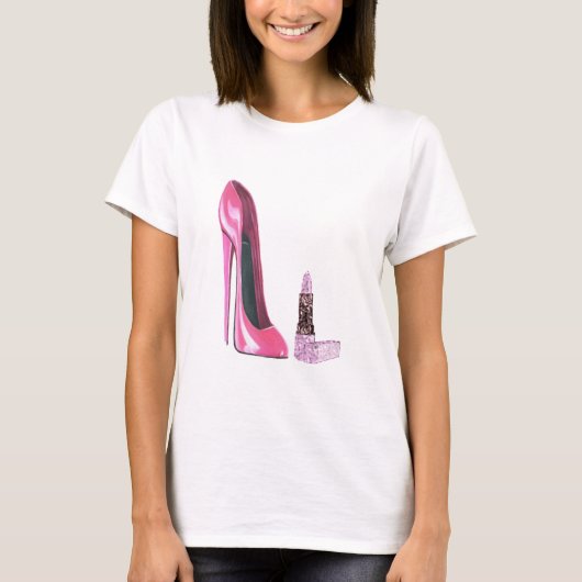 Roze Stiletto Schoen en Lipstick Kunst T-shirt (Voorkant)
