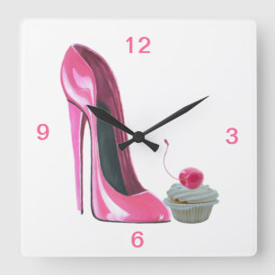 Roze Stiletto Shoe en Cherry Cupcake Wall Clock Vierkante Klok