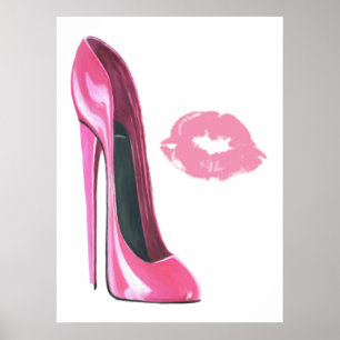 Roze Stiletto Shoe en Kiss Art Poster