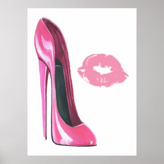 Roze Stiletto Shoe en Kiss Art Poster (Voorkant)