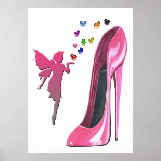 Roze Stiletto Shoe, Fairy and Hearts Poster (Voorkant)