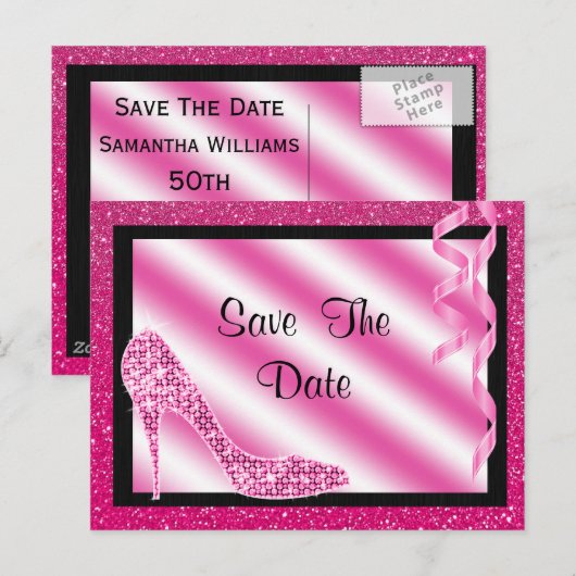 Roze Stiletto & Streamers 50e Save The Date Aankondigingskaart (Voorkant / Achterkant)