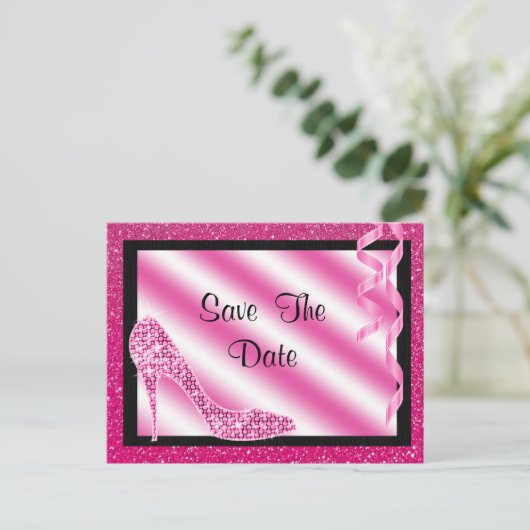 Roze Stiletto & Streamers 50e Save The Date Aankondigingskaart (Staand voorkant)