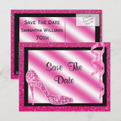 Roze Stiletto & Streamers 70e Save The Date Aankondigingskaart (Voorkant / Achterkant)