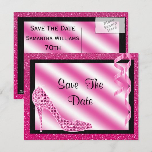 Roze Stiletto & Streamers 70e Save The Date Aankondigingskaart (Voorkant / Achterkant)