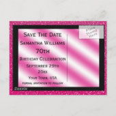 Roze Stiletto & Streamers 70e Save The Date Aankondigingskaart (Achterkant)