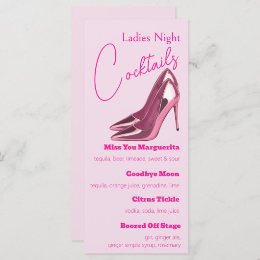 Roze Stilettos Dames Nacht Cocktail Party Menu (Voorkant / Achterkant)