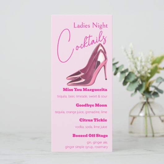 Roze Stilettos Dames Nacht Cocktail Party Menu (Staand voorkant)