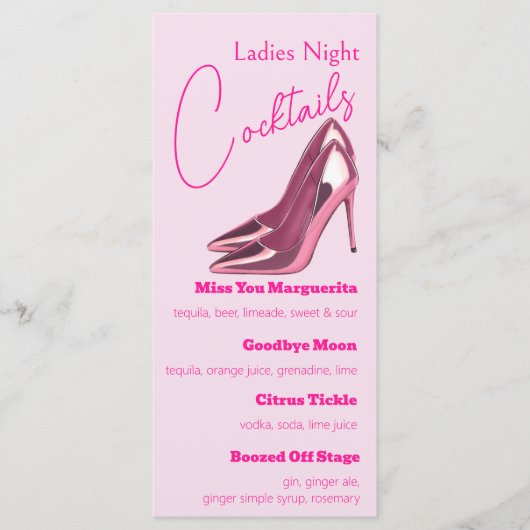 Roze Stilettos Dames Nacht Cocktail Party Menu (Voorkant)