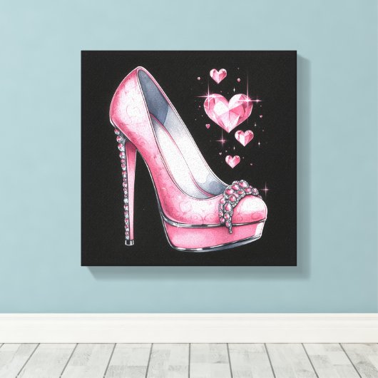 Roze Stiletto's en Diamond Shaped Hearts Canvas Afdruk (Insitu (Houten vloer))
