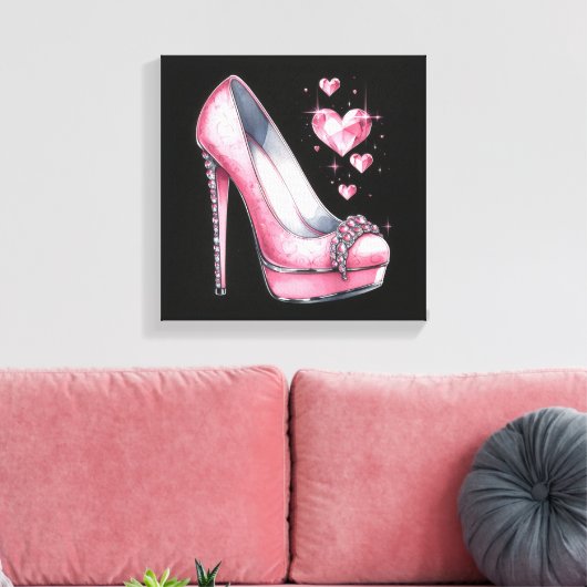 Roze Stiletto's en Diamond Shaped Hearts Canvas Afdruk (Insitu (Woonkamer))