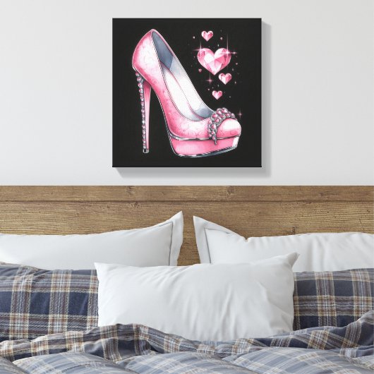 Roze Stiletto's en Diamond Shaped Hearts Canvas Afdruk (Insitu (Slaapkamer))
