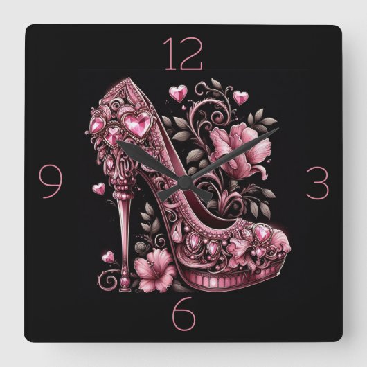 Roze Stiletto's met harten en bloemen Vierkante Klok (Voorkant)