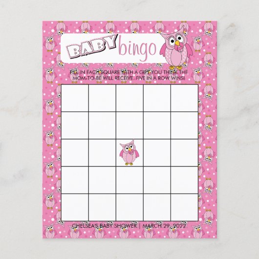 Roze Stip Uil Baby Shower Thema Bingo Spel Flyer (Voorkant)