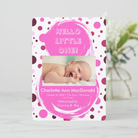 Roze stippen baby aankondiging (Staand voorkant)
