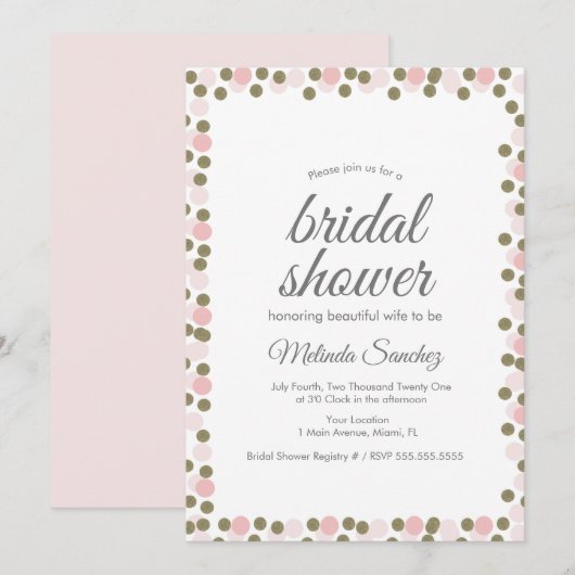 Roze Stippen Confetti Gold Border Vrijgezellenfees Kaart (Voorkant / Achterkant)