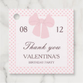 Roze stippen en roze strik meisjes verjaardag bedankjes labels (Voorkant)