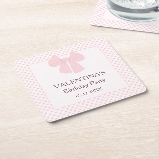Roze stippen en roze strik meisjes verjaardag kartonnen onderzetters (Schuin)
